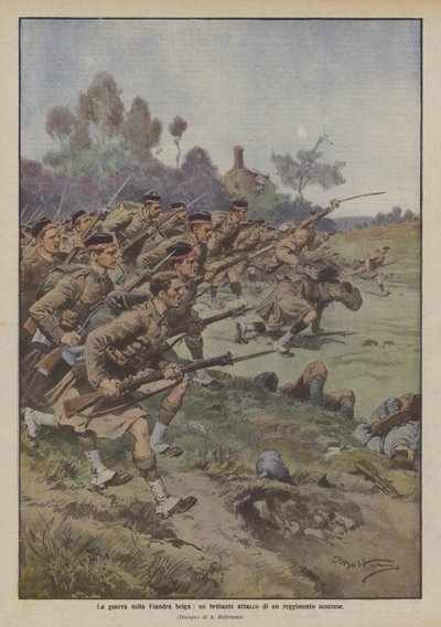 De oorlog in Belgisch Vlaanderen, een briljante aanval van een Schots regiment door Achille Beltrame