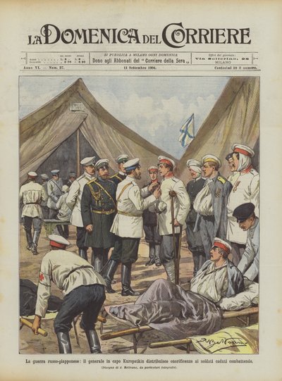 De Russisch-Japanse oorlog, generaal Kuropatkin reikt onderscheidingen uit aan de gevallen soldaten door Achille Beltrame