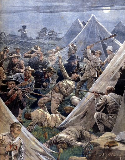 De Boerenoorlog of Transvaaloorlog in Zuid-Afrika tussen de Engelsen en de Boeren: de laatsten hebben een Engels kamp aangevallen in Tweenfontein. Illustratie van Beltrame. La Domenica del Corriere. 1902. door Achille Beltrame