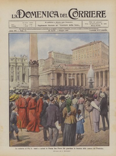 De ziekte van Pius X, gelovigen en nieuwsgierigen op het Sint-Pietersplein die naar het raam van de kamer van de paus kijken door Achille Beltrame