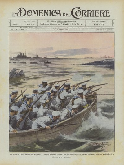 De inname van Zuara bij zonsopgang op 5 augustus, de eerste die landden waren de matrozen die bij de kust werden aangevallen door Achille Beltrame