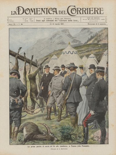 De eerste jachtpartij van de koning op de steenbok, in Noasca (Hoog Piemonte) door Achille Beltrame