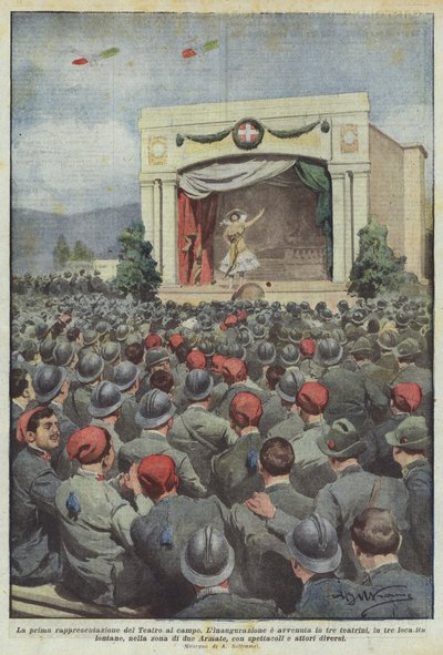 De eerste voorstelling van het Theater in het veld door Achille Beltrame