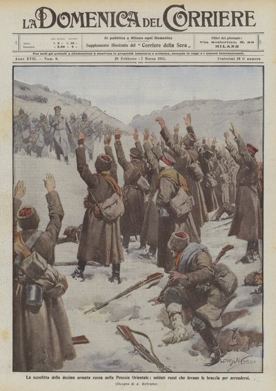De nederlaag van het tiende Russische leger in Oost-Pruisen, Russische soldaten steken hun handen op om zich over te geven door Achille Beltrame