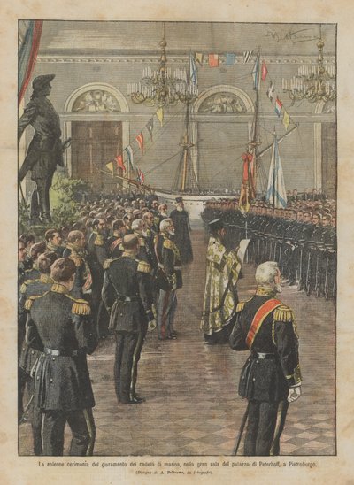 De plechtige ceremonie van de eedaflegging van marinecadetten, in de grote zaal van het paleis van Peterhof, in Sint-Petersburg door Achille Beltrame