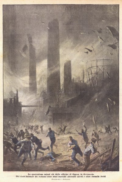 De verschrikkelijke ramp van de werkplaatsen van Oppau, in Duitsland door Achille Beltrame
