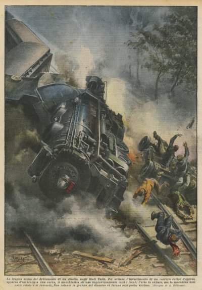 De tragische scène van de ontsporing van een sneltrein in de Verenigde Staten door Achille Beltrame
