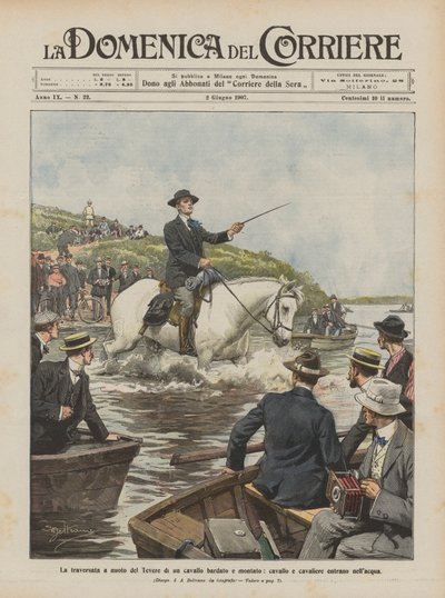 De oversteek van de Tiber te paard, paard en ruiter gaan het water in door Achille Beltrame