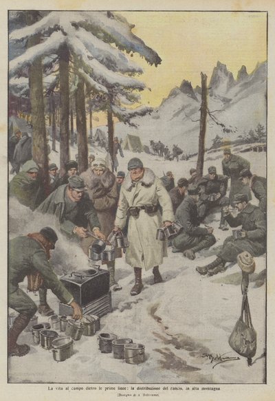 Het leven in het kamp achter de frontlinie, de rantsoendistributie in de hoge bergen door Achille Beltrame