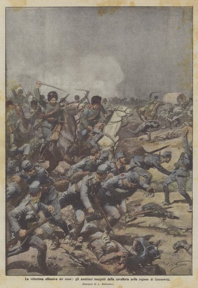 Het succesvolle offensief van de Russen, de Oostenrijkers achtervolgd door de cavalerie in de regio Czernowitz door Achille Beltrame