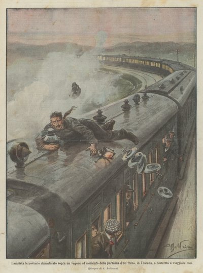 Spoorweglantaarnist vergeten op een wagon bij het vertrek van een trein, in Toscane door Achille Beltrame