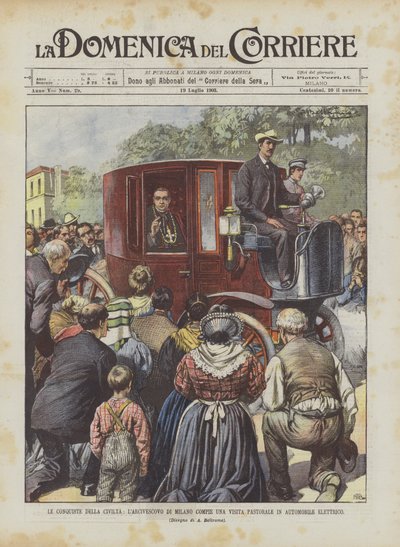 De veroveringen van de beschaving, de aartsbisschop van Milaan maakt een pastorale bezoek in een elektrische auto door Achille Beltrame