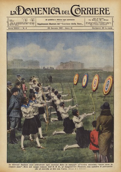 De jonge Italiaanse vrouwen worden getraind in fysieke oefeningen ter ere van het oude gezegde mens sana in corpore sano door Achille Beltrame