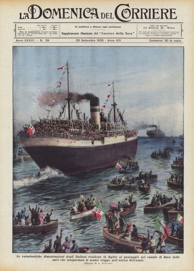 De enthousiaste demonstraties van de in Egypte wonende Italianen bij de passage door het Suezkanaal ? door Achille Beltrame