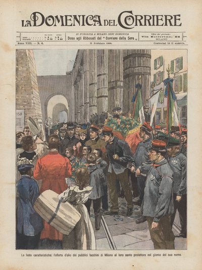 De kenmerkende feesten, de olijfoffer van de openbare dragers van Milaan aan hun heilige door Achille Beltrame