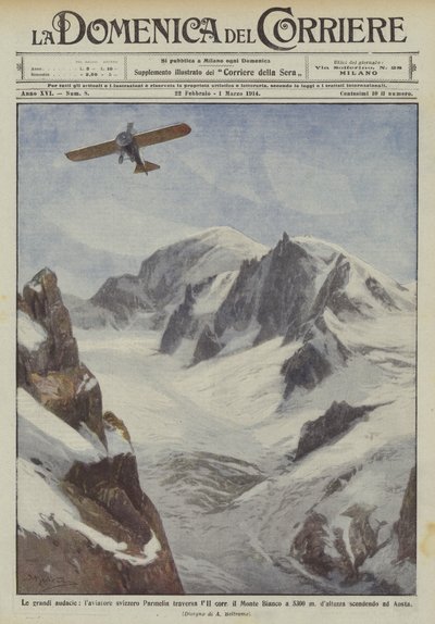 De grote durf, de Zwitserse vliegenier Parmelin steekt de Mont Blanc over op 5300 meter door Achille Beltrame