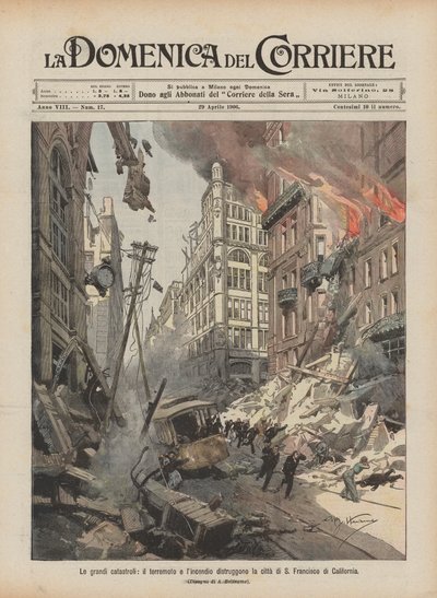 De grote rampen, de aardbeving en brand verwoesten de stad San Francisco, Californië door Achille Beltrame