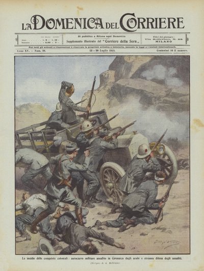 De gevaren van koloniale veroveringen, militaire vrachtwagen aangevallen in Cyrenaica door Arabieren door Achille Beltrame