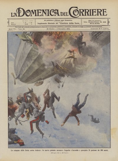 De rampen van de Duitse luchtvloot, het nieuwe krachtige luchtschip Zeppelin brandt en stort neer door Achille Beltrame