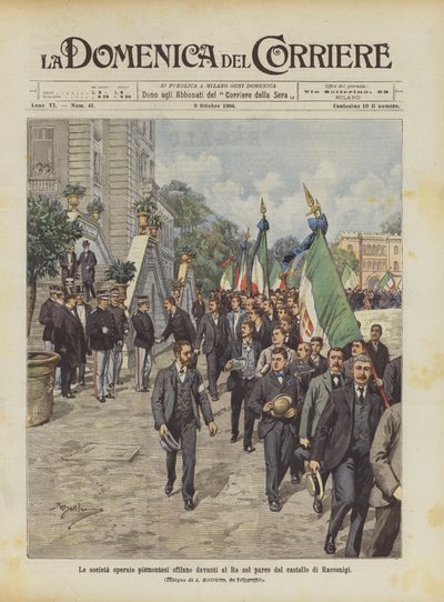 De Piemontese arbeidersverenigingen marcheren voor de koning in het park van het kasteel van Racconigi door Achille Beltrame