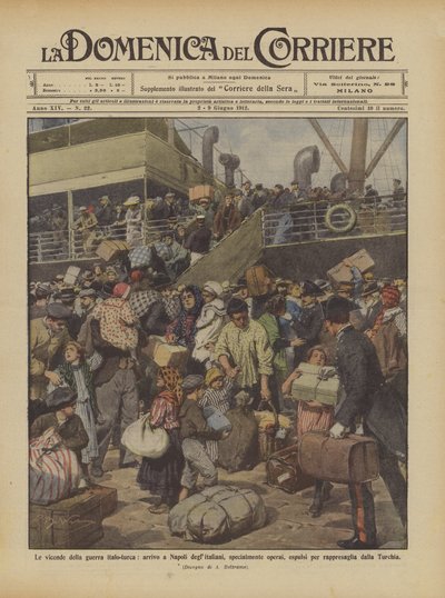 De gebeurtenissen van de Italiaans-Turkse oorlog, aankomst in Napels van de Italianen, vooral arbeiders ? door Achille Beltrame