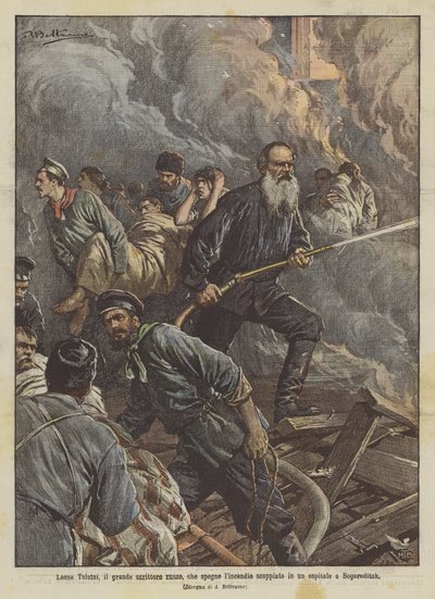 Leo Tolstoj, de grote Russische schrijver, die een brand blust in een ziekenhuis in Bogoroditsk door Achille Beltrame