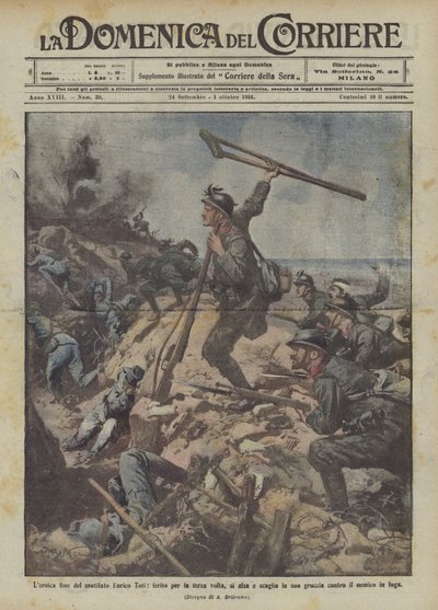 Het heroïsche einde van de verminkte Enrico Toti, voor de derde keer gewond, staat op en gooit zijn wapen door Achille Beltrame