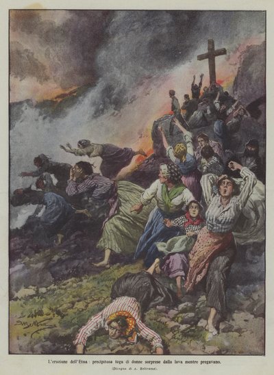 De uitbarsting van de Etna, paniekerige vlucht van vrouwen verrast door de lava terwijl ze aan het bidden waren door Achille Beltrame