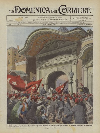 Het tragische uur voor Turkije, Enver Bey verschijnt voor de Sublime Porte om te intimideren door Achille Beltrame