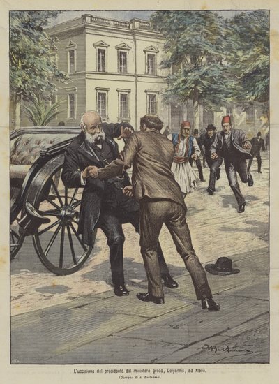 De moord op de president van de Griekse regering, Delyannis, in Athene door Achille Beltrame
