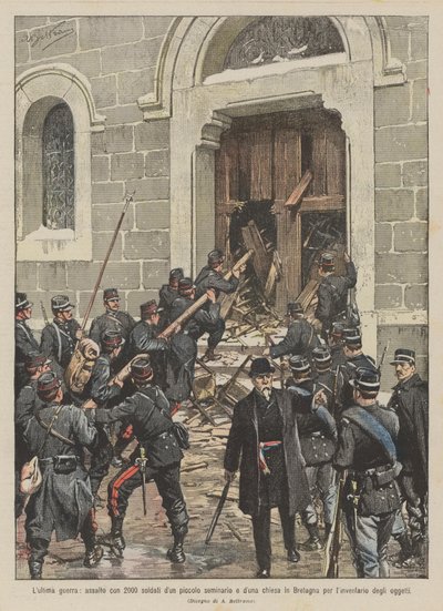 De laatste oorlog, aanval met 2000 soldaten op een klein seminarie en een kerk in Bretagne door Achille Beltrame