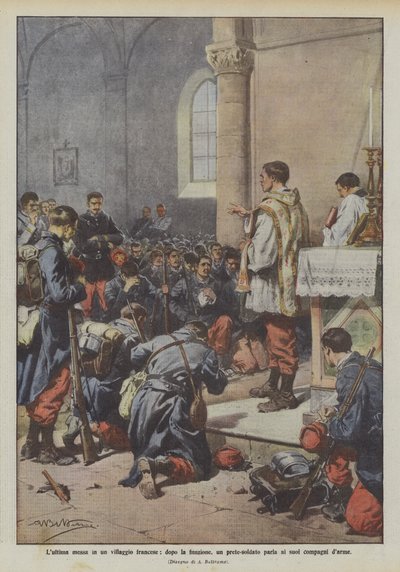 De laatste mis in een Frans dorp, na de dienst spreekt een priester-soldaat tot zijn kameraden door Achille Beltrame