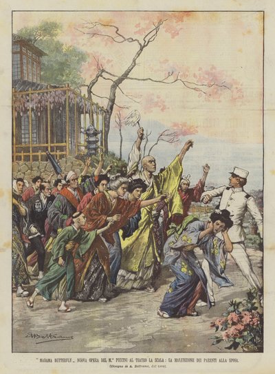 Madama Butterfly, nieuwe opera van M° Puccini in het Teatro La Scala, de vloek van de familie op de bruid door Achille Beltrame