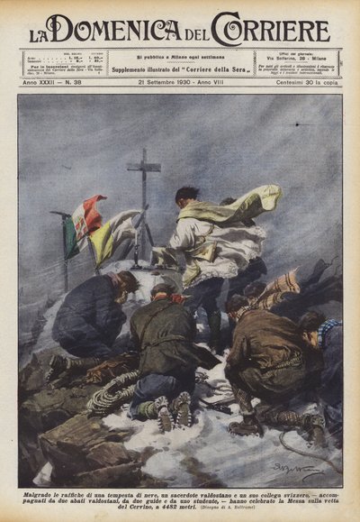 Ondanks de sneeuwstorm, een priester uit de Aosta-vallei en zijn Zwitserse collega... door Achille Beltrame