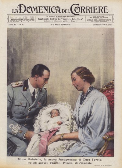 Maria Gabriella, de nieuwe Prinses van het Huis van Savoye, tussen haar verheven ouders, Prinsen van Piemonte door Achille Beltrame