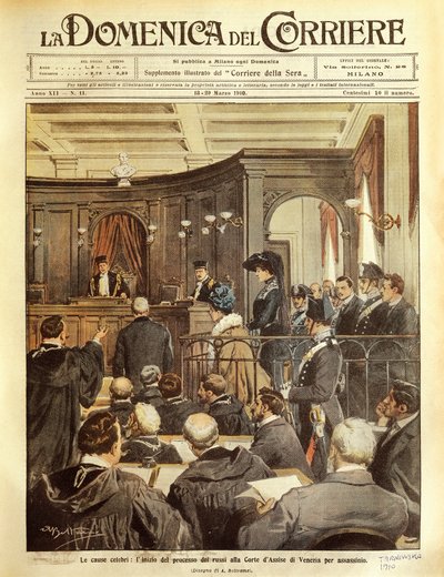 Maria Tarnowska voor de rechter in Venetië, door Achille Beltrame, illustratie, Illustrator Achille Beltrame (1871-1945), uit La Domenica del Corriere door Achille Beltrame