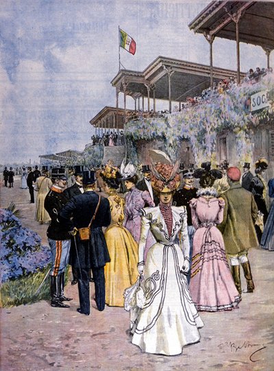 Milaan: de paardenraces op de renbaan van San Siro: uitreiking van de Handelsprijs (Premio del commercio). Illustratie door Beltrame. La Domenica del corriere. 1899 door Achille Beltrame