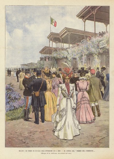 Milaan, de paardenraces in de renbaan van S. Siro, in afwachting van de handelsprijs door Achille Beltrame