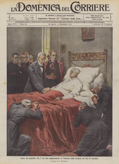 Dood van paus Pius X in zijn appartementen in het Vaticaan in het tweede uur van 20 augustus door Achille Beltrame