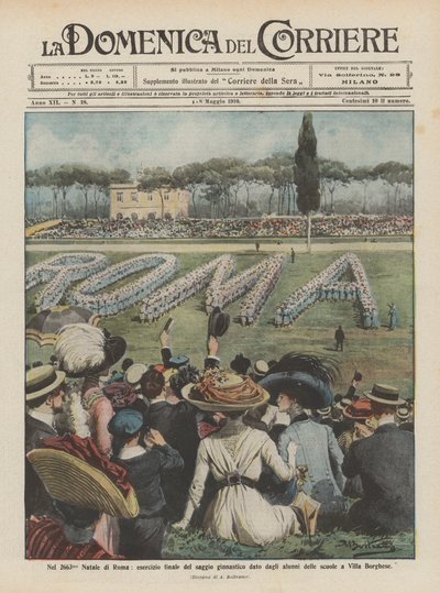 Op de 2663e verjaardag van Rome, de laatste oefening van de gymnastiekshow gegeven door de leerlingen van de scholen in Villa Borghese door Achille Beltrame