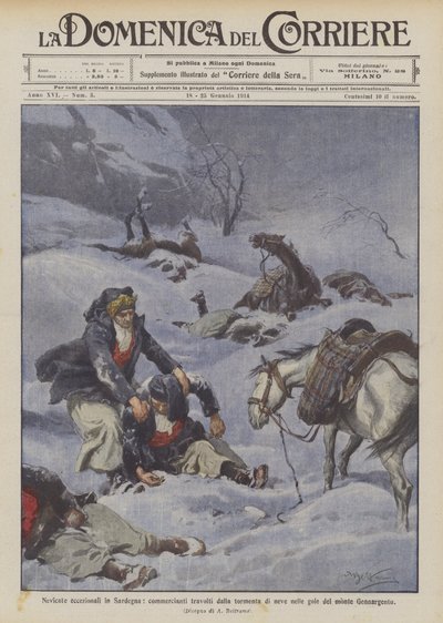 Uitzonderlijke sneeuwval in Sardinië, handelaren overvallen door de sneeuwstorm in de kloven van de Monte Gennargentu door Achille Beltrame