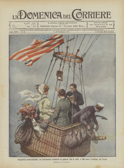 Moderne originaliteit, een huwelijk gevierd in een luchtballon, tussen de wolken, op 300 meter hoogte, in Texas door Achille Beltrame