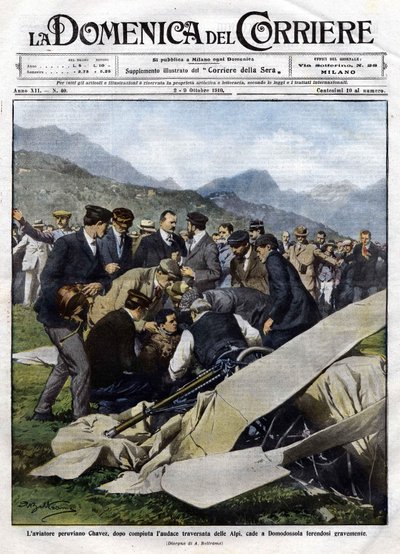 Peruviaanse vliegenier Chavez, na zijn gedurfde oversteek van de Alpen, neergestort in Domodossola met ernstige verwondingen. Illustratie door Beltrame. 2/10/1910. La Domenica del Corriere door Achille Beltrame