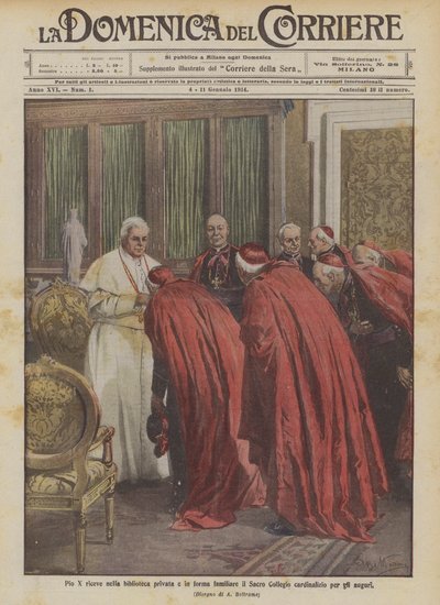 Pius X ontvangt in de privébibliotheek en in familiale vorm het Heilige College van kardinalen voor de wensen door Achille Beltrame