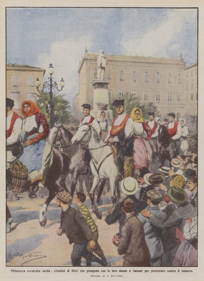 Kleurrijke Sardijnse rit, inwoners van Ittiri die met hun vrouwen naar Sassari komen door Achille Beltrame