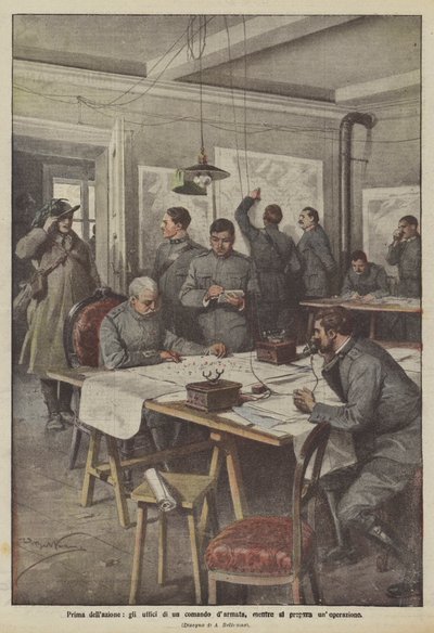 Voor de actie, de kantoren van een legercommando terwijl een operatie wordt voorbereid door Achille Beltrame