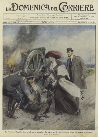 Prinses Laetitia redt een boer op een weg in Piëmont door Achille Beltrame