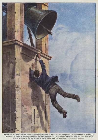 In het luchtledige geworpen door een slag van de klepel terwijl hij op de klokkentoren stond, de koster door Achille Beltrame