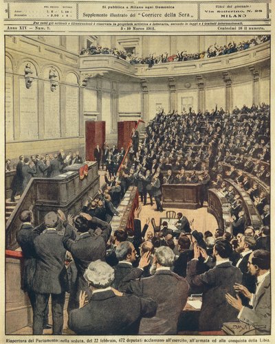 Heropening van het Italiaanse Parlement op de avond van 22 februari, juichen van het leger na succesvolle campagne in Libië, door Achille Beltrame, illustratie, Illustrator Achille Beltrame, uit La Domenica del Corriere, 3 maart 1912 door Achille Beltrame