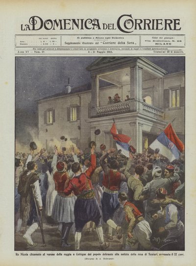 Koning Nicolaas geroepen naar het balkon van het paleis in Cetinje door het uitzinnige volk bij het nieuws van de overgave door Achille Beltrame